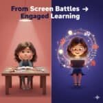Overwhelmed girl with books and puzzles, contrasting with a happy girl engaging with a tablet and digital learning, highlighting screen time impact.