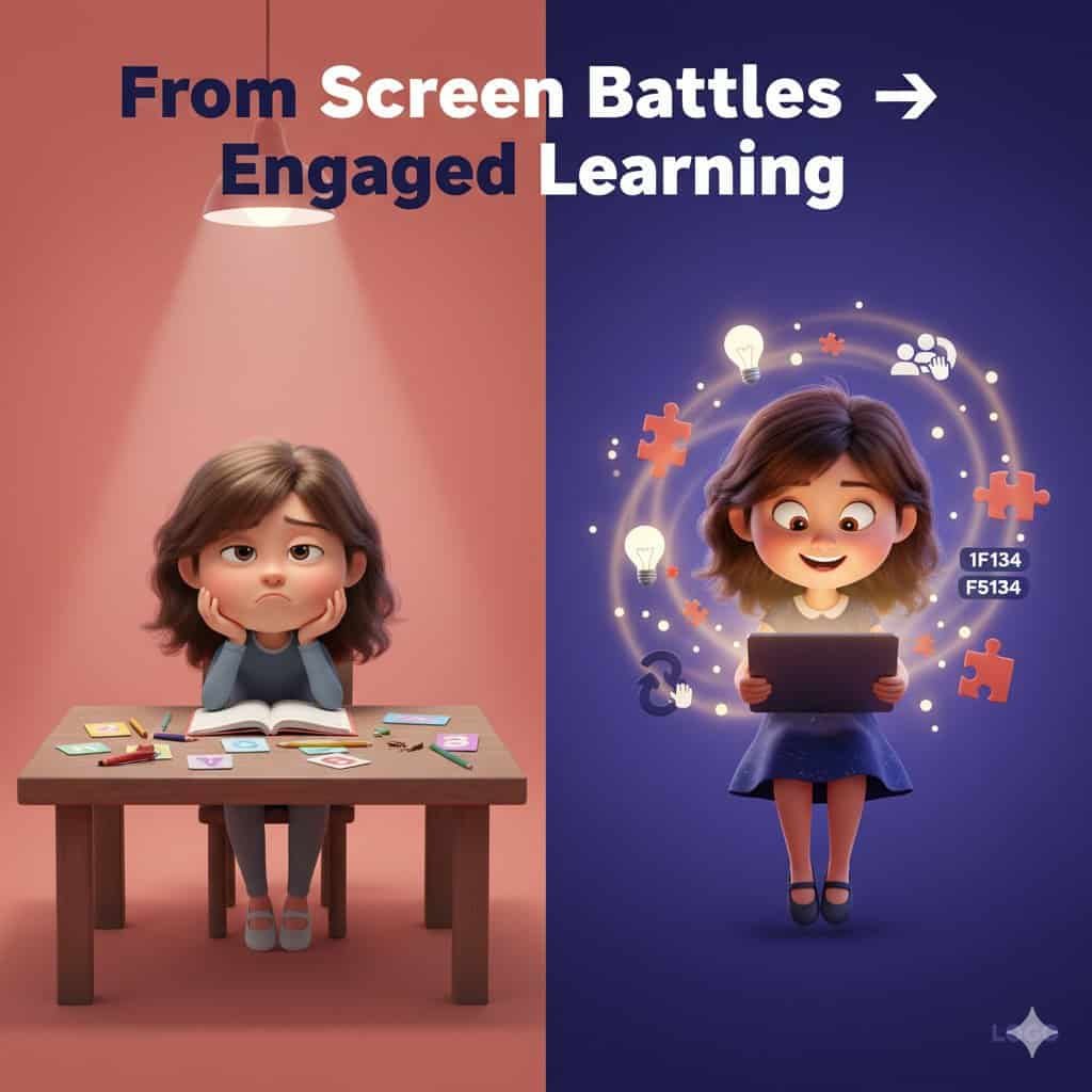 Overwhelmed girl with books and puzzles, contrasting with a happy girl engaging with a tablet and digital learning, highlighting screen time impact.