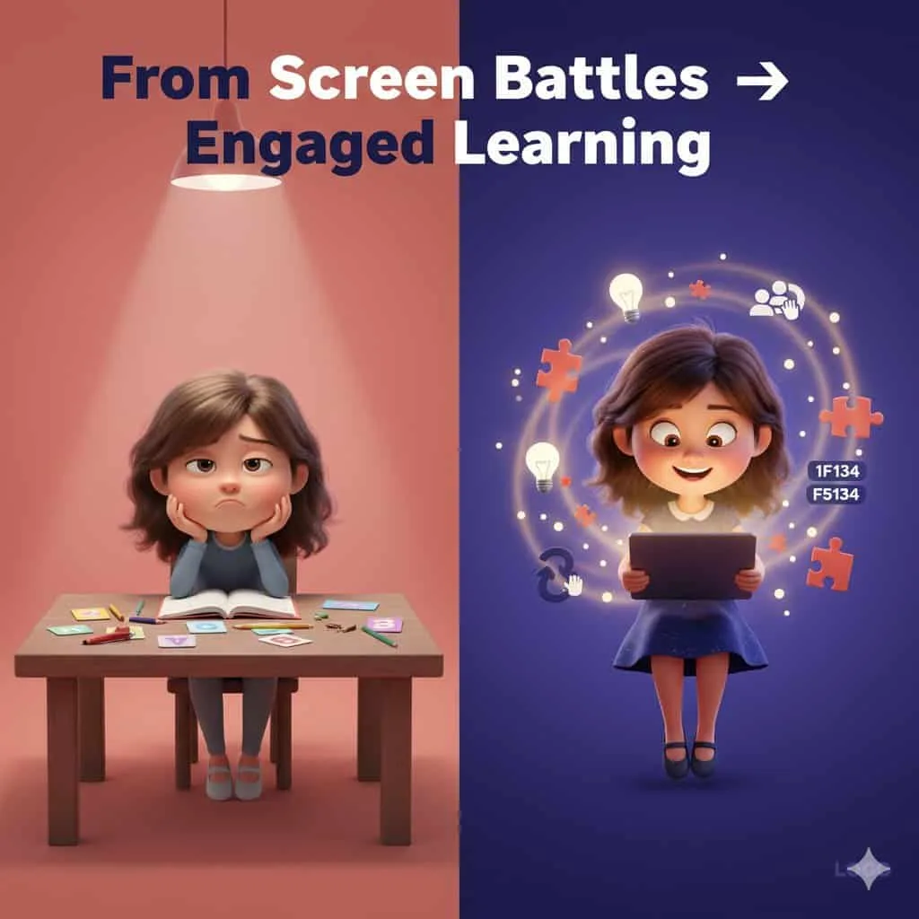 Overwhelmed girl with books and puzzles, contrasting with a happy girl engaging with a tablet and digital learning, highlighting screen time impact.